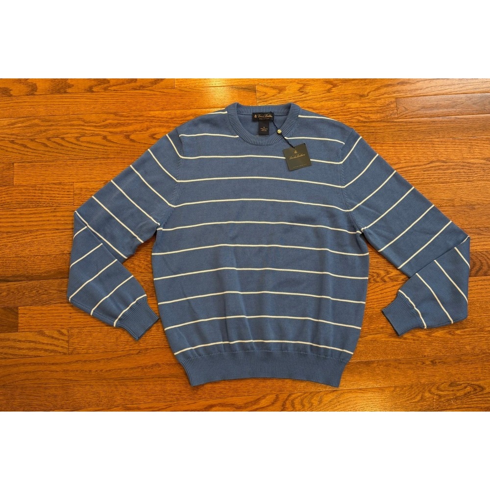 New Brooks Brothers Sweater Mens Medium Blue Striped Pima Cotton Crewneck Knit